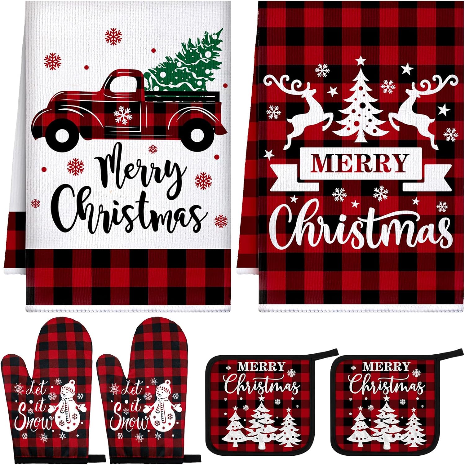 Bencailor 6 Pcs Christmas Kitchen Towel Oven Mitts and Pot Holders Set Xmas Theme Dish Towels Heat Resistant Oven Gloves for Summer Kitchen Cooking Baking Grilling(Christmas Red Plaid Theme)